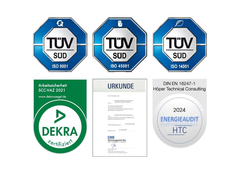 Mehrere Zertifizierungs- und Audit-Logos und Urkunden, darunter TÜV SÜD, DEKRA, EMB und ein Energieaudit-Zertifikat.