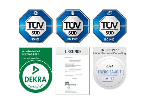 Mehrere Zertifikate und Siegel, darunter TÜV SÜD ISO 9001, ISO 45001, ISO 14001 sowie DEKRA, EMB und ein Energieaudit-Siegel.