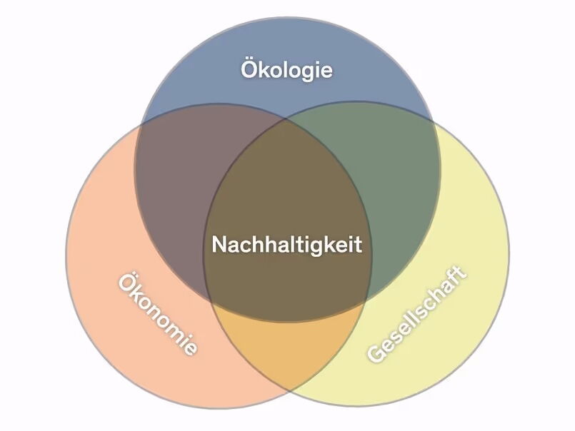 Venn-Diagramm mit den Überschneidungen von Ökologie, Ökonomie und Gesellschaft; in der Mitte steht Nachhaltigkeit.