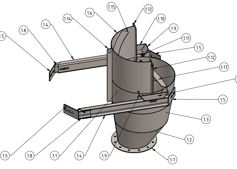 Beschriftete technische Illustration des Trichters mit Träger in einer 3D-Ansicht.