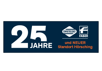 Banner zum 25-jährigen Jubiläum und neuen Swietelsky-Standort in Hörsching mit Faber-Logo.