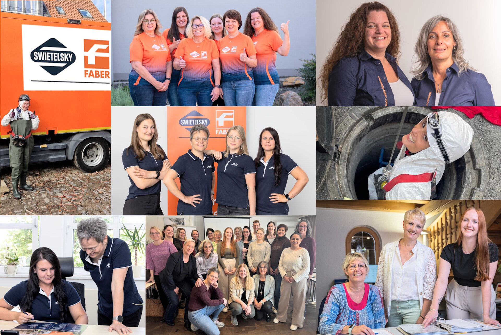 Collage aus Gruppen- und Porträtfotos von Mitarbeitenden bei einer Firmenveranstaltung mit Fahrzeug und Außenszenen.