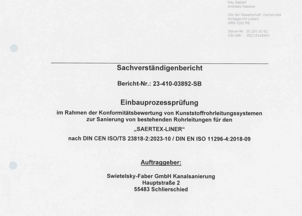 Titelseite eines deutschen Prüfberichts Logo und Gutachtendetails