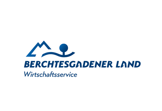 Blaues Logo des Wirtschaftsservice Berchtesgadener Land mit Berg- und Sonnengrafik auf weißem Hintergrund.