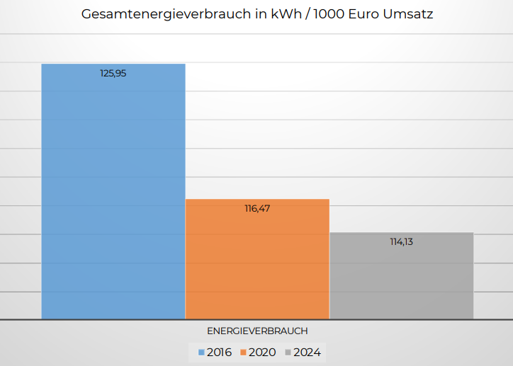 Balkendiagramm zum Gesamtenergieverbrauch pro 1.000 Euro Umsatz für 2016, 2020 und 2024.
