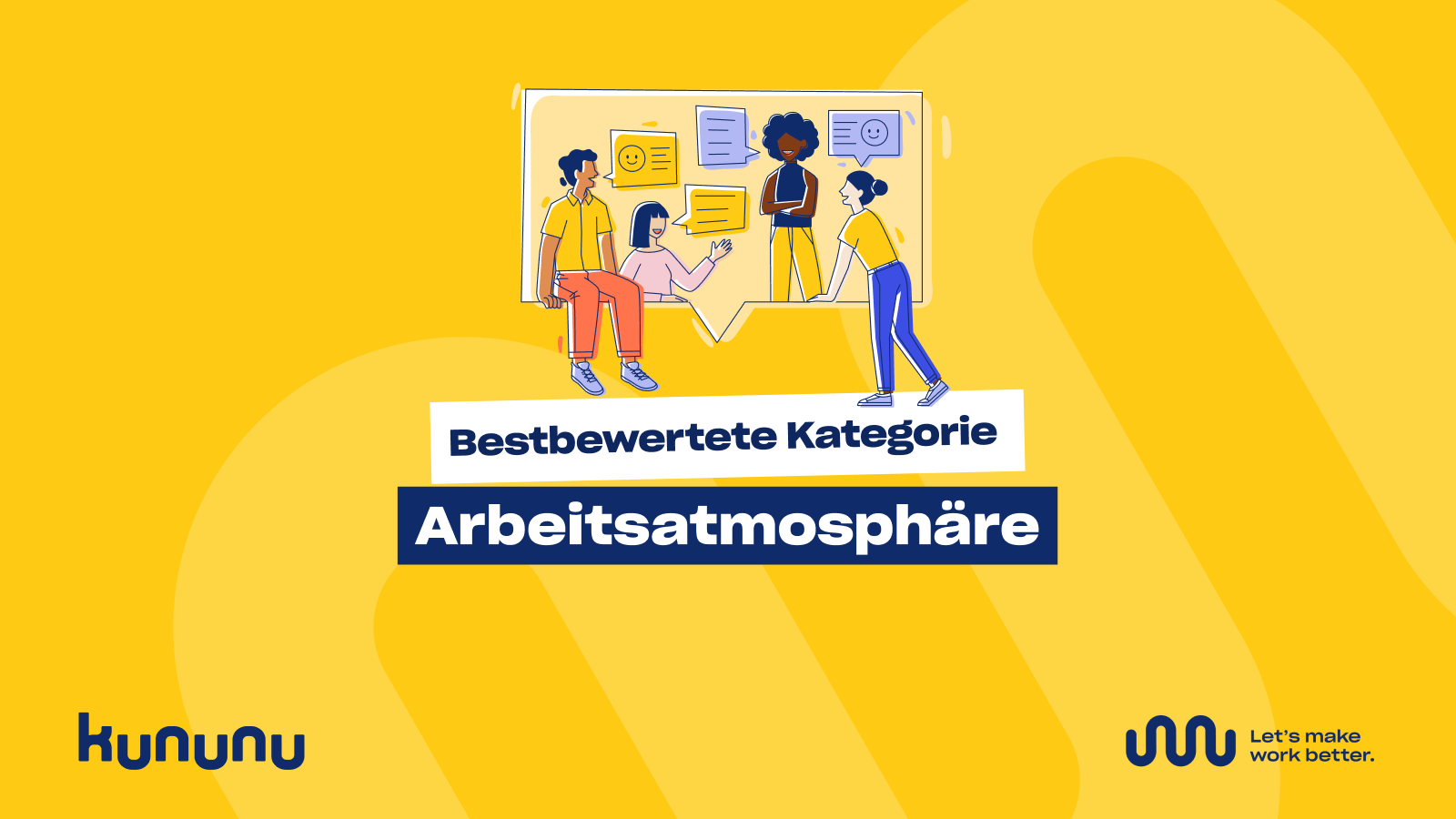 Illustration eines Teams im Büro mit der Aufschrift „Bestbewertete Kategorie Arbeitsatmosphäre“ auf gelbem Hintergrund.