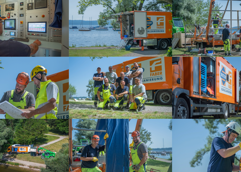 Collage von Technikern im Leitstand und vor Ort mit Lkw, Plänen und Hebezeug bei einer Versorgungsinstallation.