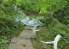 Ein schmaler Betonweg im grünen Wald mit einem beschädigten Kabel oder Schlauch, der darüber liegt.
