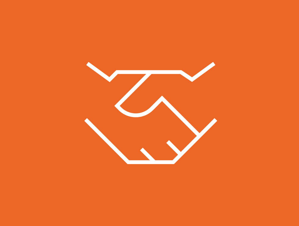 Schwarzes Handschlag-Symbol auf orangefarbenem Hintergrund.