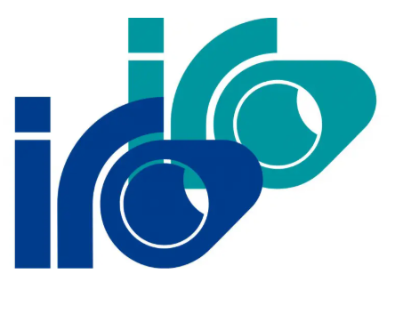 Abstraktes Logo mit überlappenden blauen und türkisfarbenen Formen, die die Buchstaben ido bilden