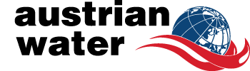 Logo von Austrian Water mit schwarzem Text, Globus und roten Wellenlinien