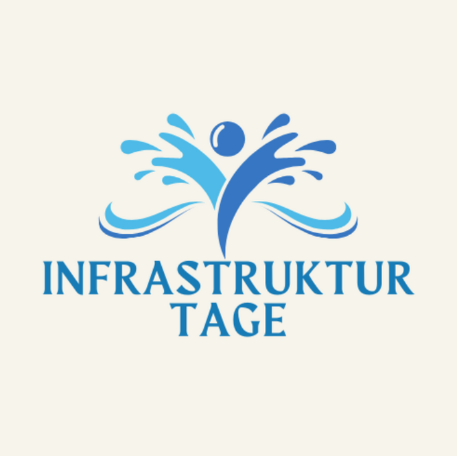 Blau stilisierte Figur mit Wasser spritzenden Formen und dem Text 'Infrastruktur Tage' darunter