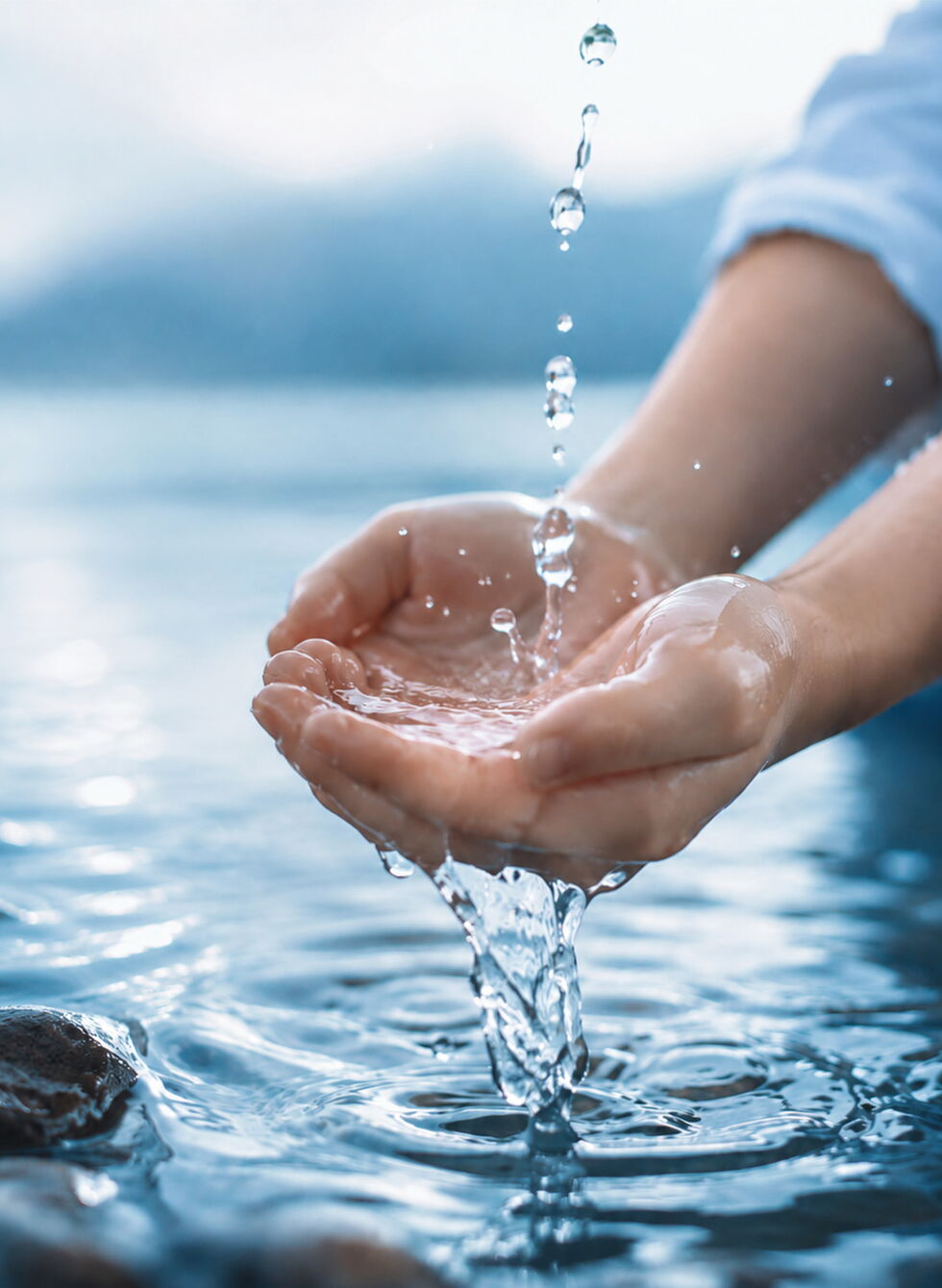 Gekröpfte Hände unter einem klaren Wasserstrahl am Seeufer.