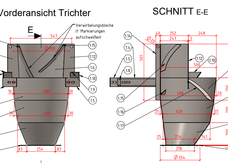 Konstruktionszeichnung mit Vorder- und Seitenansicht des Trichters samt Maßangaben und Beschriftungen.