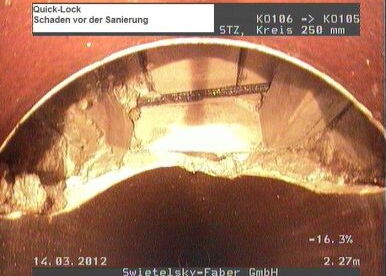 Inspektionsbild eines beschädigten Kanals mit Rissen und Abplatzungen im runden Rohr.