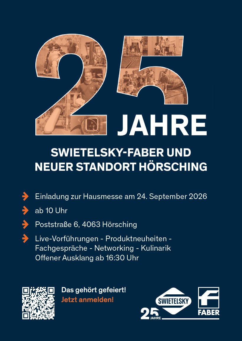 Jubiläumsposter zu 25 Jahren Swietelsky-Faber mit neuer Standort-Eröffnung in Hörsching und Veranstaltungsinfos.